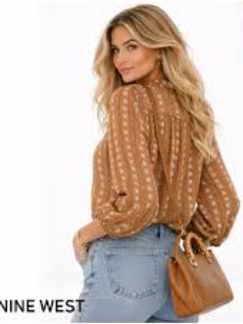 Nine West Rust-Brown Printed Balloon-Sleeve Blouse